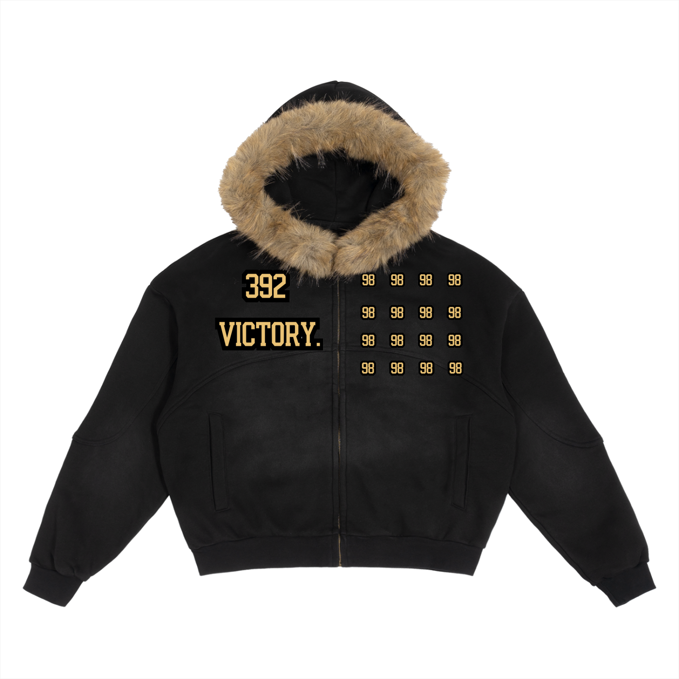 Sonnenverwaschener, kastenförmiger Hoodie mit abnehmbarem Pelzbesatz