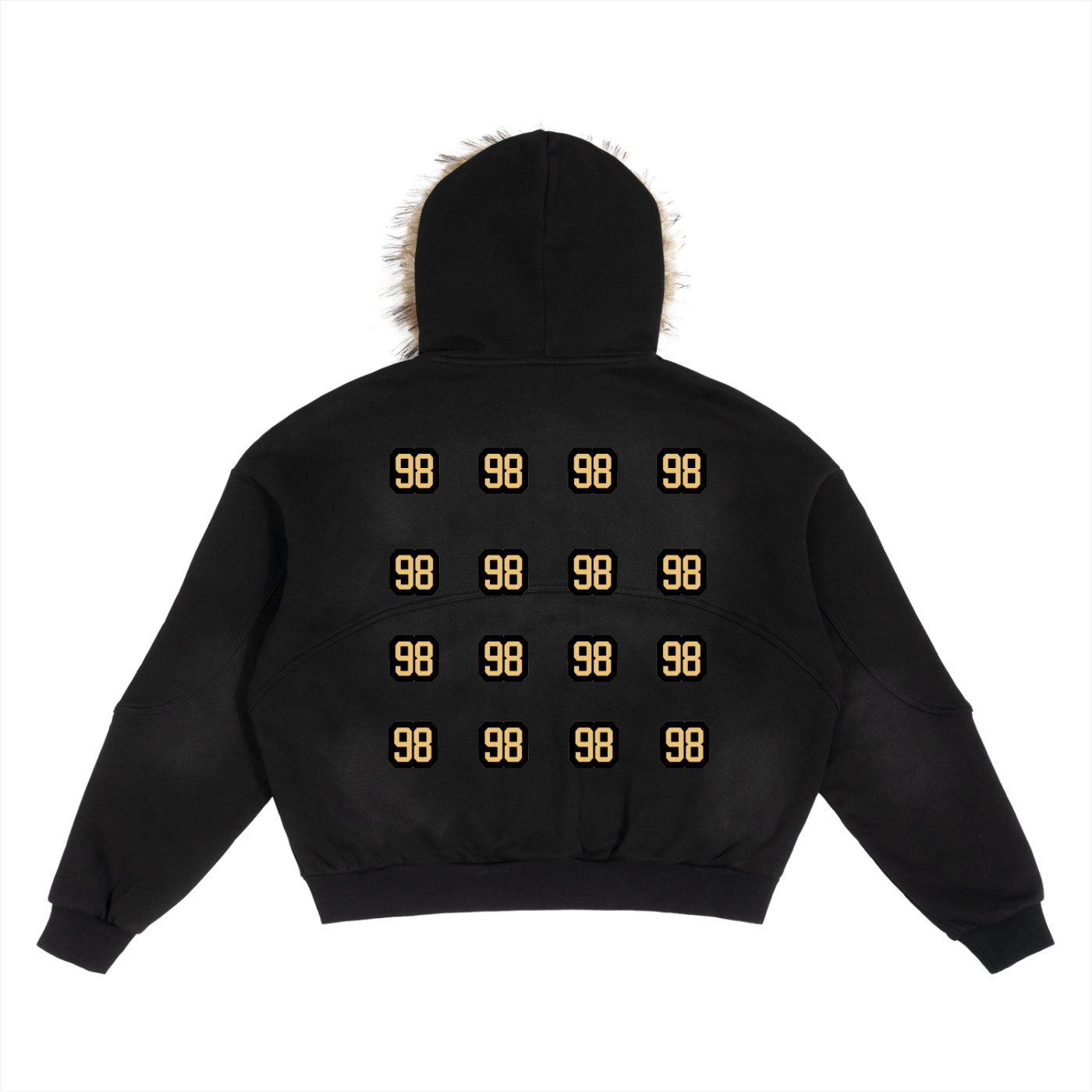 Sonnenverwaschener, kastenförmiger Hoodie mit abnehmbarem Pelzbesatz